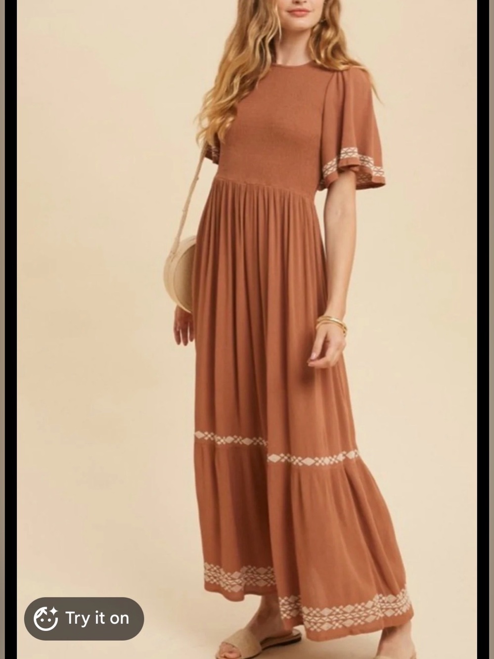 Smocked Bodice Maxi Dress in Rust with Embroidered White Trim Detail